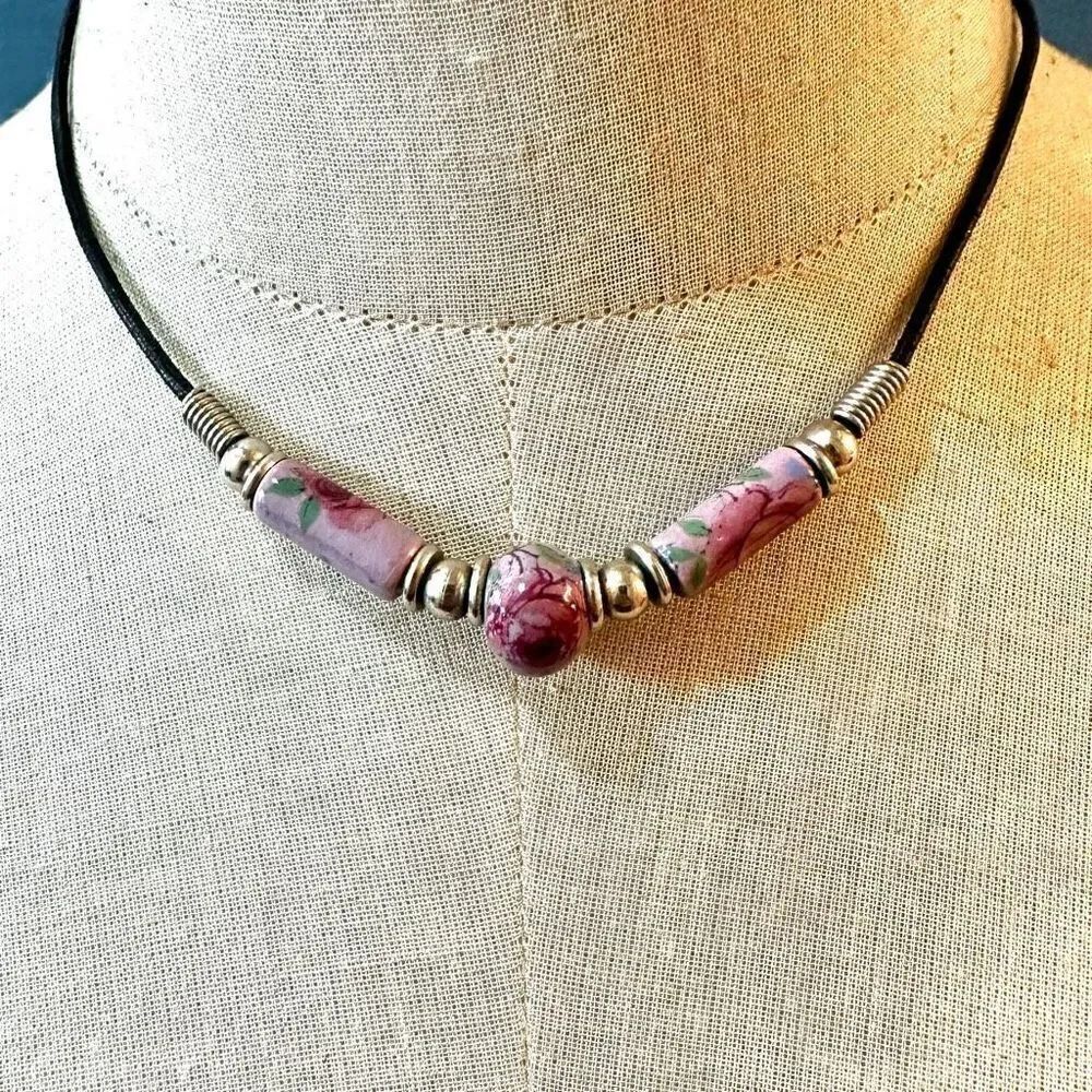 Vintage purple floral ceramic beaded Choker Necklace